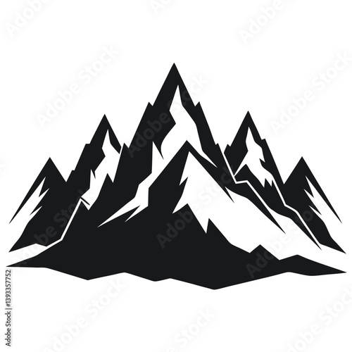 Mountain Range Silhouette Rocky Peaks, Majestic Landscape, Black and White Scenic View