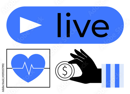 Live banner, heartbeat monitor, hand holding coin, vertical stripes. Ideal for health, donation, live events, charity wellness streaming technological platforms. Flat simple metaphor