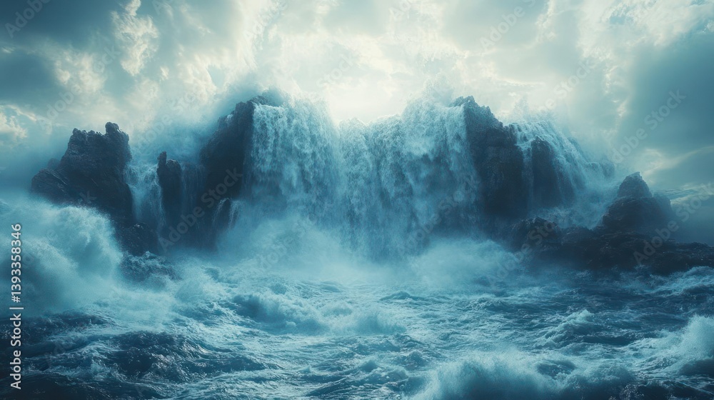 Massive waves crash against a rocky island, dramatic sky Massive waves crash against a rocky island, dramatic sky