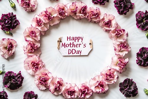 A "Happy Mother's Day" tag surrounded by an elegant spiral of dark and light pink carnations on a white ceramic surface.