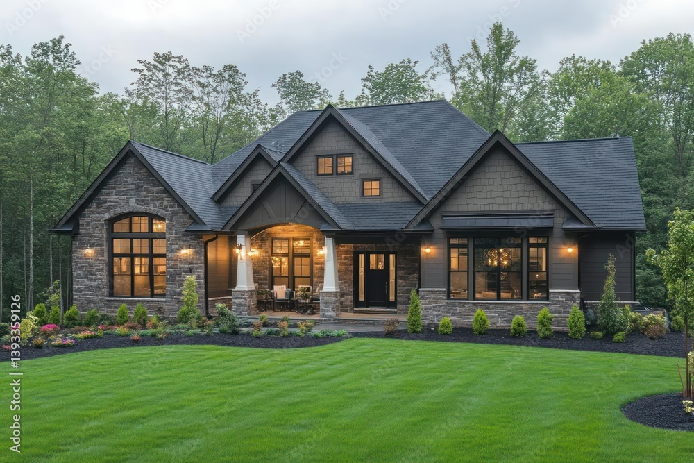 Elegant Craftsman-style home nestled in a lush wooded setting Elegant Craftsman-style home nestled in a lush wooded setting