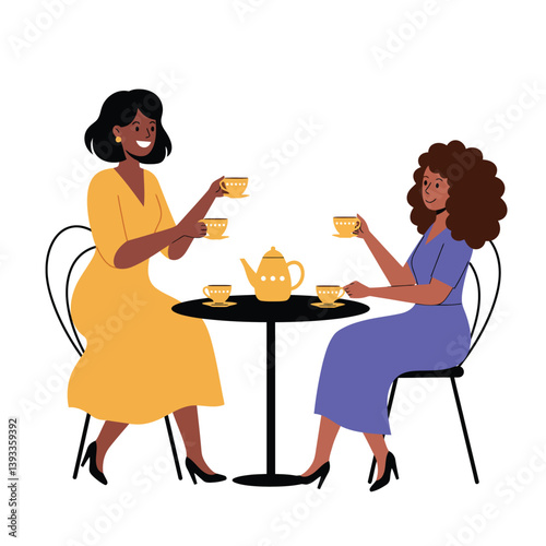 Two women enjoying tea in colorful dresses minimal vector illustration