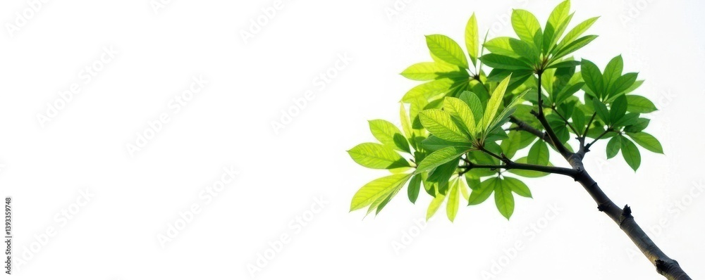 Single branch of a tree against bright white background with some wood grain, green, nature photography Single branch of a tree against bright white background with some wood grain, green, nature photography
