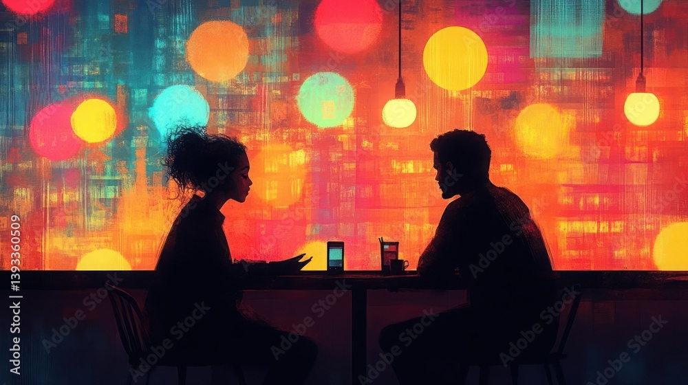 Two people in silhouette conversation at a bar, vibrant colorful bokeh background Two people in silhouette conversation at a bar, vibrant colorful bokeh background