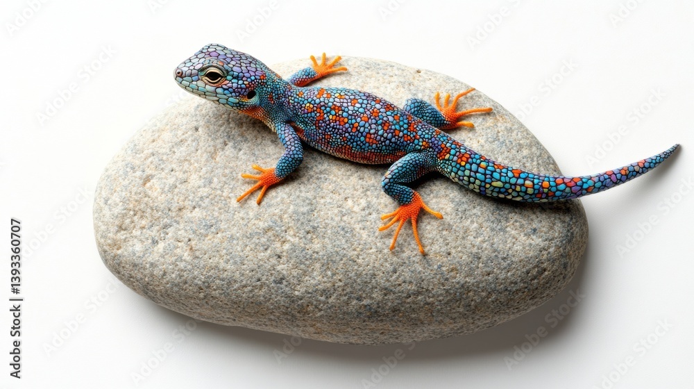 Obraz premium Colorful lizard resting on textured rock with white background and drop shadow, showcasing vibrant patterns and details in serene setting