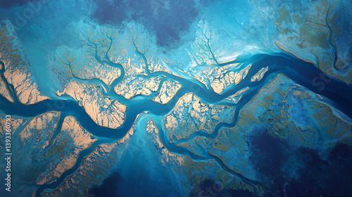 A wide river delta viewed from above