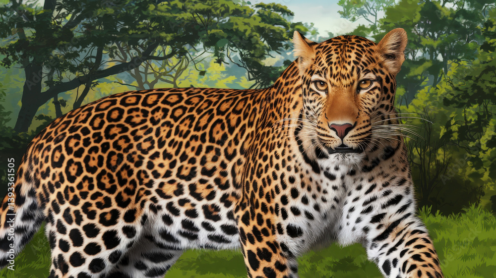 Realistic Illustration of Leopard in Jungle Setting Realistic Illustration of Leopard in Jungle Setting