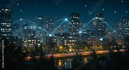 Smart digital Innovation city with a connection network reciprocity over the cityscape. of a future smart wireless digital city and social media networking systems that connect people within the city