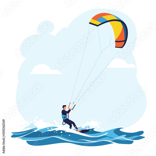 Kitesurfer riding ocean waves in flat, colorful design style vector illustration