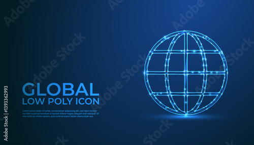 Low Poly Global Icon Background. Word globe icon design with neon lighting color concepts. Neon globe icon