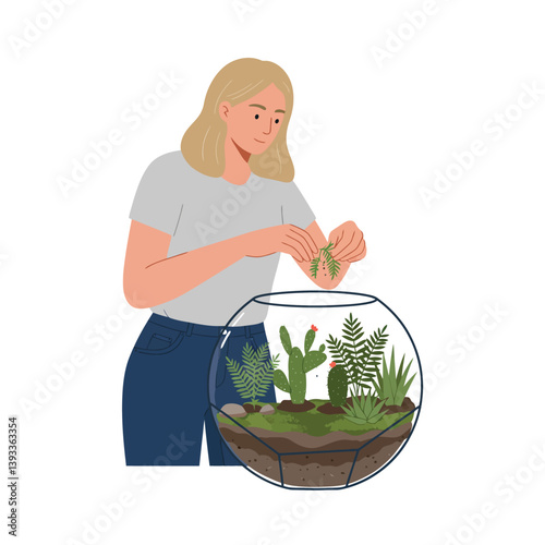 Woman arranging plants in a terrarium with flat design vector art