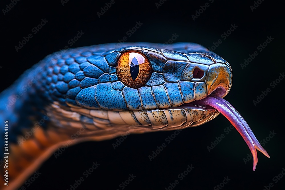 Fototapeta premium Close Up of a Blue Snake with Orange Eye and Forked Tongue Wildlife Photography : Generative AI