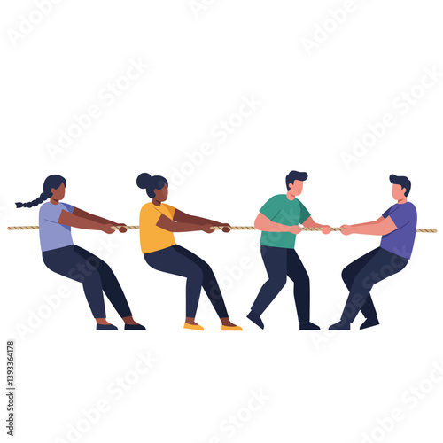 Group of people engaged in a tug of war competition in flat vector art