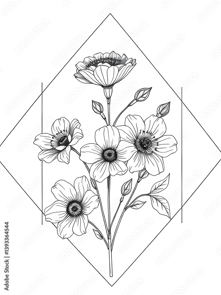 Naklejka premium Elegant Floral Line Art Bouquet in a Diamond Frame