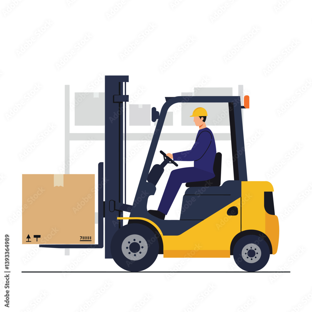 Forklift operator moving box in flat, minimal vector illustration Forklift operator moving box in flat, minimal vector illustration