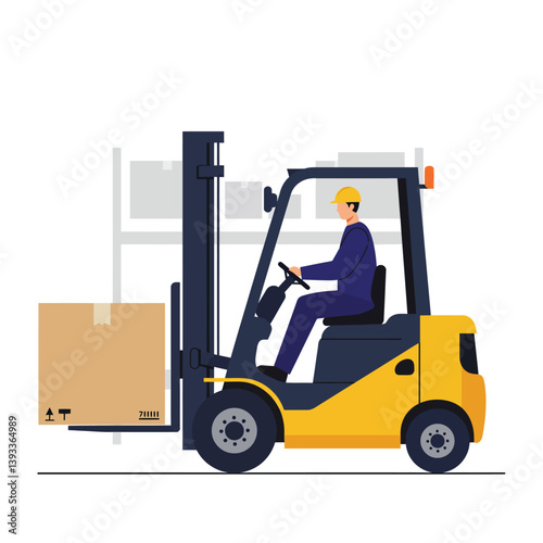 Forklift operator moving box in flat, minimal vector illustration