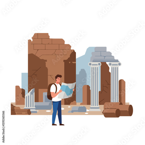 Man exploring ancient ruins while holding a map in flat vector art