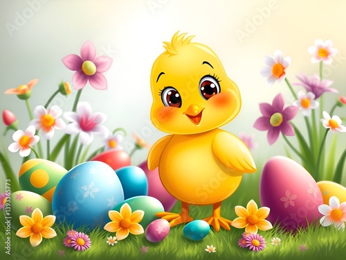 Smiling Easter Yellow Chick with Colorful Eggs and Spring Flowers watercolor