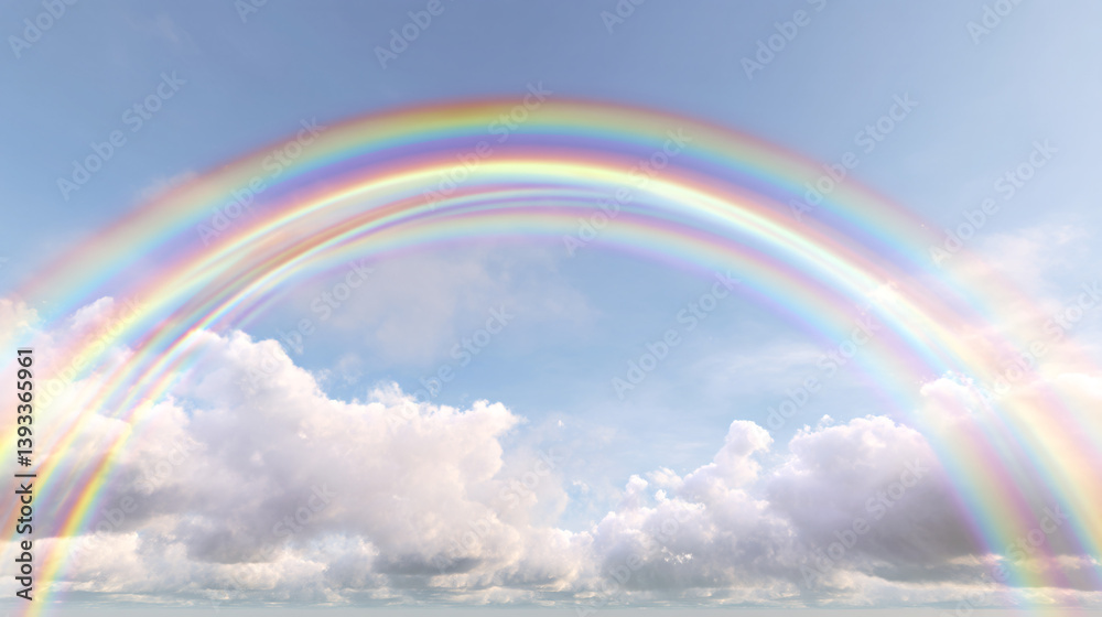 A full, vivid double rainbow arcs across a clear, white sky, showcasing a weather event. A full, vivid double rainbow arcs across a clear, white sky, showcasing a weather event.