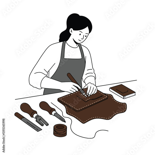Leather crafting process with tools in minimal flat design vector art