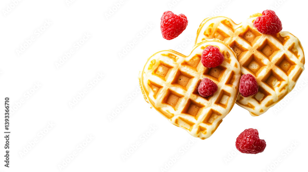 Heart waffles with raspberries, breakfast dish, sweet, food, cut out transparent Heart waffles with raspberries, breakfast dish, sweet, food, cut out transparent
