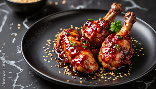 Vivid design food and beverage advertisement: Three glazed chicken drumsticks, garnished with herbs and sesame seeds, are artfully arranged on a dark plate against a sleek, black surface.
