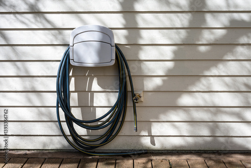 Hose reel, wall mounted hanger, with garden hose coiled up on the exterior wood siding wall of house next to faucet spigot
