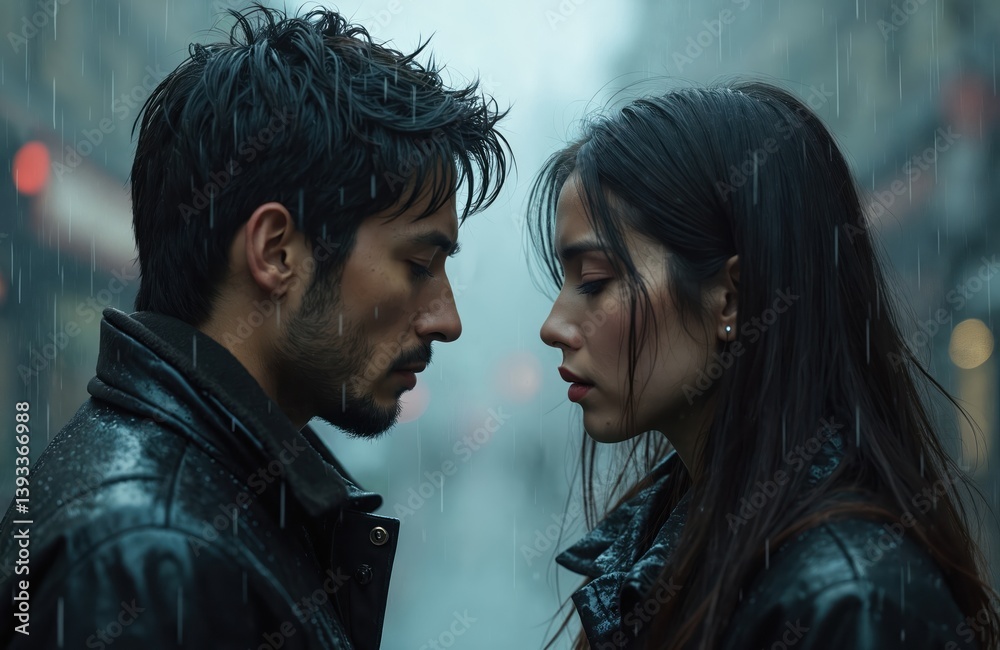 Sad couple in rain, faces close. Portrait of man woman. Relationship crisis, quarrel, breakup, divorce. Emotional drama, feelings, sorrow, grief, sadness, despair. Love, marriage, toxic relationship.