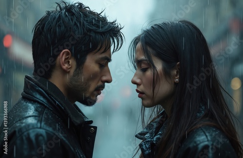 Obraz na płótnie Sad couple in rain, faces close. Portrait of man woman. Relationship crisis, quarrel, breakup, divorce. Emotional drama, feelings, sorrow, grief, sadness, despair. Love, marriage, toxic relationship. w salonie