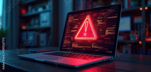 A laptop displays a red warning symbol amidst code, highlighting cybersecurity concerns in a dimly lit workspace.