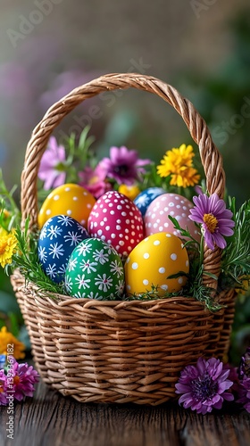 A rustic woven basket filled with decorated colorful Easter eggs