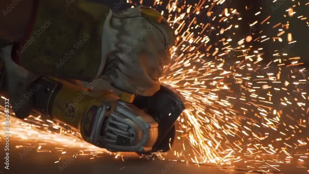 Close-up of a worker cutting metal with an angle grinder in a workshop. Bright, flying sparks fill the scene, showcasing industrial strength and craftsmanship in action