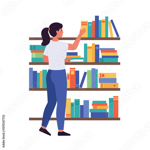 Woman selecting books from colorful shelves in flat vector illustration