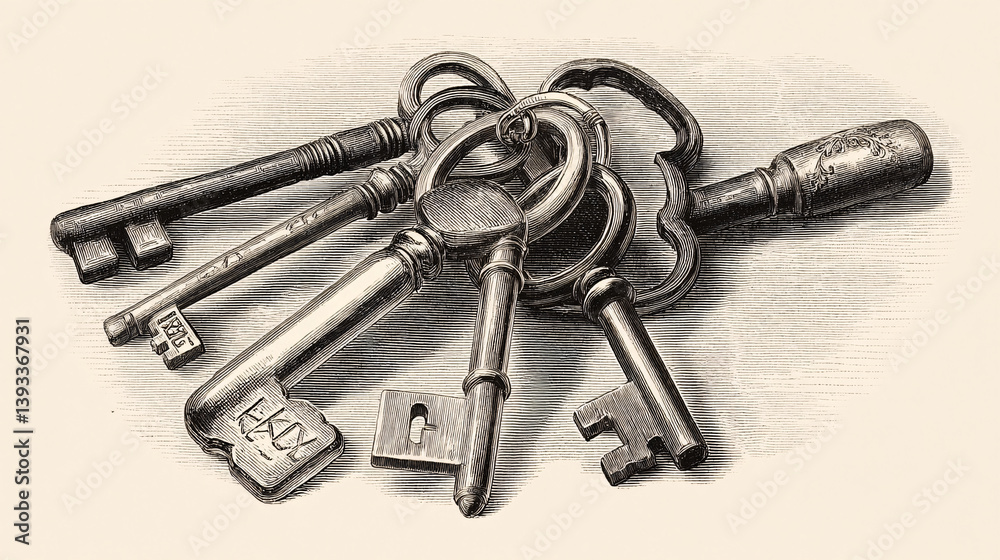 A group of old-fashioned keys, historically used for opening locks. A group of old-fashioned keys, historically used for opening locks.