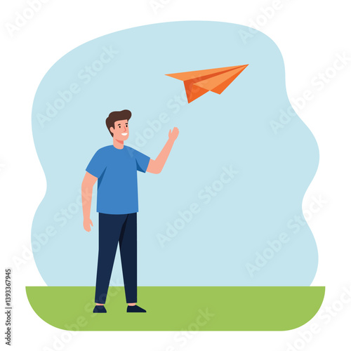 Young man launching a paper airplane in flat vector art style