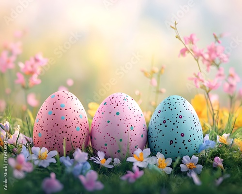 Three colorful Easter eggs sit in a bed of wildflowers