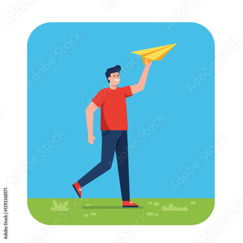 Man joyfully holding a paper airplane in a minimal flat vector illustration