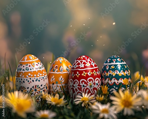 Four Decorated Easter Eggs Resting in a Field of Flowers
