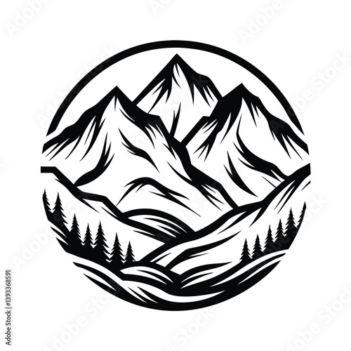 Mountain Range & Pine Trees Silhouettes in a Circle Frame, Black & White Landscape