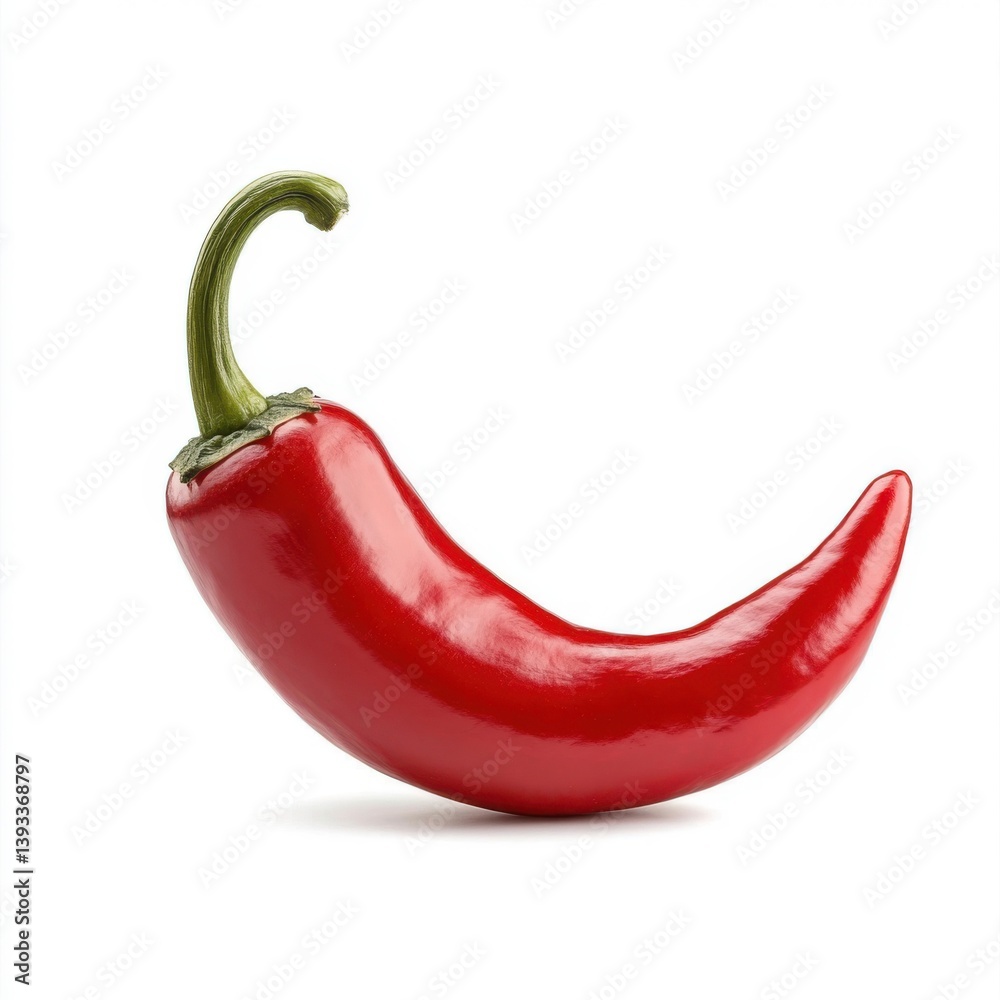 A single red chili pepper with a green stem isolated on white background A single red chili pepper with a green stem isolated on white background