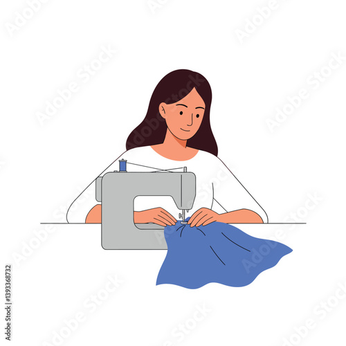 Woman sewing fabric with sewing machine in minimal flat design vector art