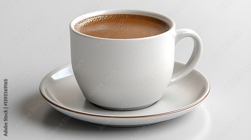 Fototapeta premium A ceramic coffee cup with a saucer, modern and elegant style, perfectly balanced composition, hyper-realistic, isolated on solid white background.