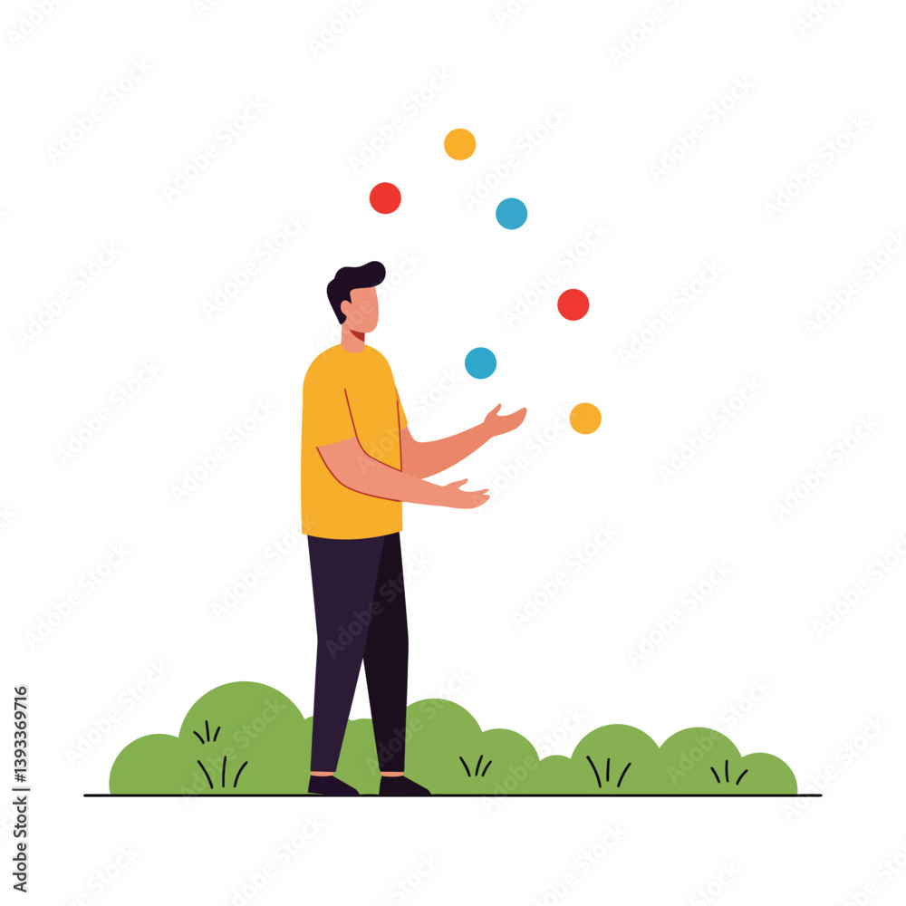 Man juggling colorful balls in a flat minimal style vector art