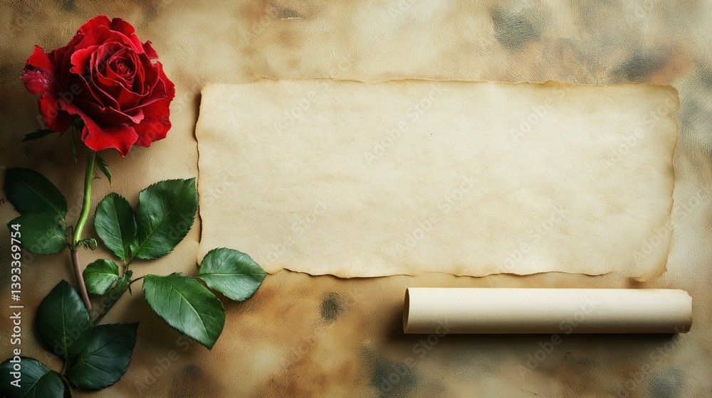 Elegant red rose with parchment paper on textured background for romantic messages Elegant red rose with parchment paper on textured background for romantic messages