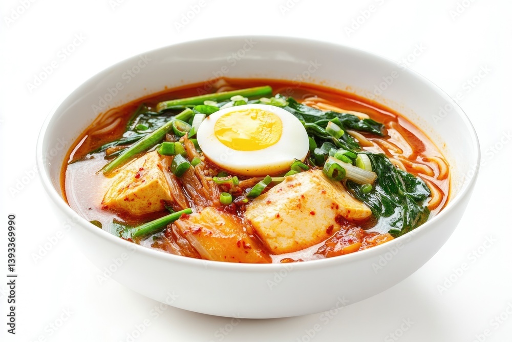 Spicy Korean noodle soup with tofu, kimchi, egg, and spinach. Spicy Korean noodle soup with tofu, kimchi, egg, and spinach.