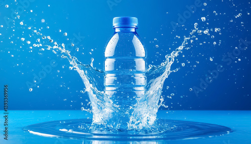 Splashing water bottle against a vibrant blue background, emphasizing refreshment and hydration with a dynamic and lively feel.