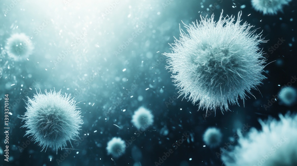 Fototapeta premium Microscopic organisms floating in a teal fluid with bright light sources overhead
