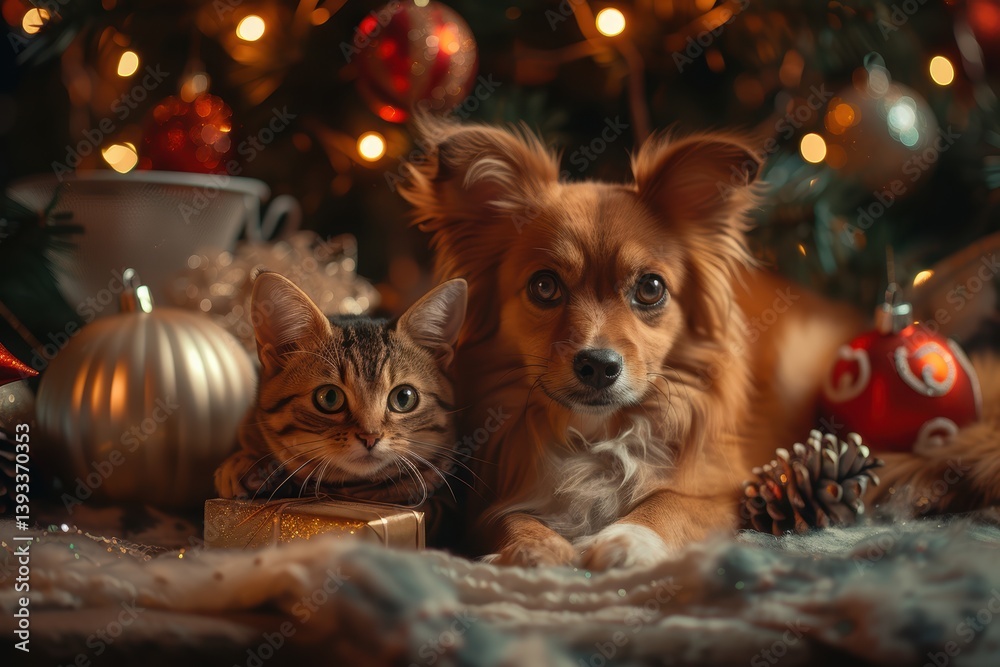 Pets Gathered by the Glittering Christmas Tree A Heartwarming Holiday Scene of Joy