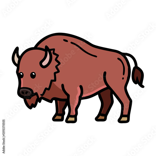 Illustration of a cute cartoon bison or buffalo with a black outline style on transparent background