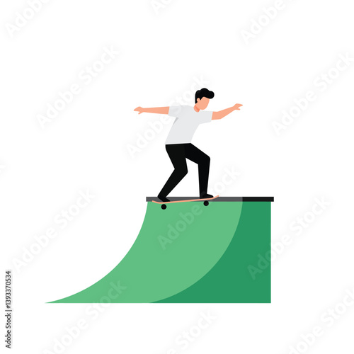 Skateboarder performing tricks on a ramp in flat vector art style